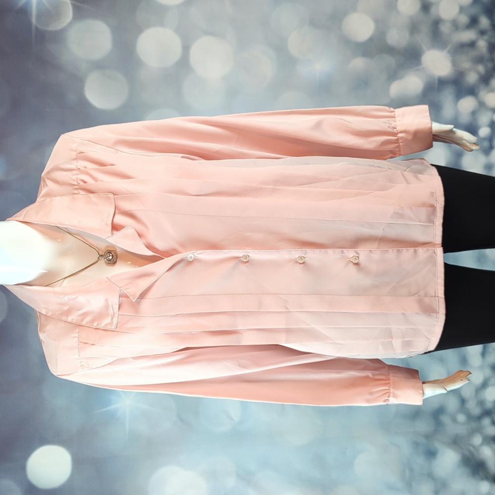 Chemise International sz 6 Vintage Long Sleeve Pleated Button Down Pink Blouse